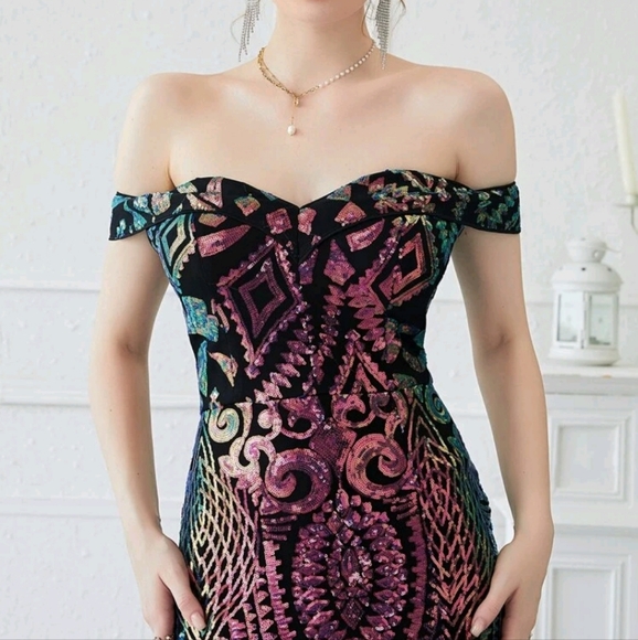 Off Shoulder Split Thigh Sequin Formal Evening Gown - Picture 3 of 13